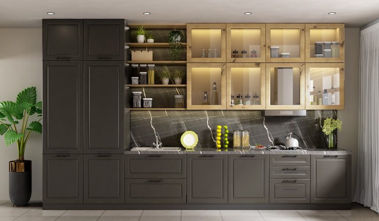 Straight Spacewood kitchen with charcoal cabinetry and illuminated display units