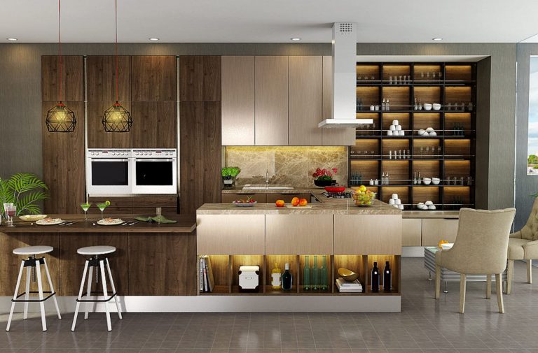 Modern Spacewood modular kitchen in warm walnut and ivory finishes